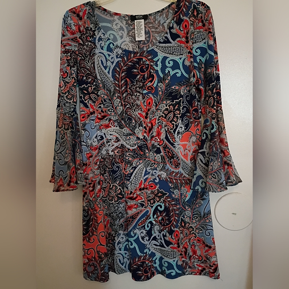 MSK Women's Multicolor Paisley Print Bell Sleeve Mini Dress Sz MP